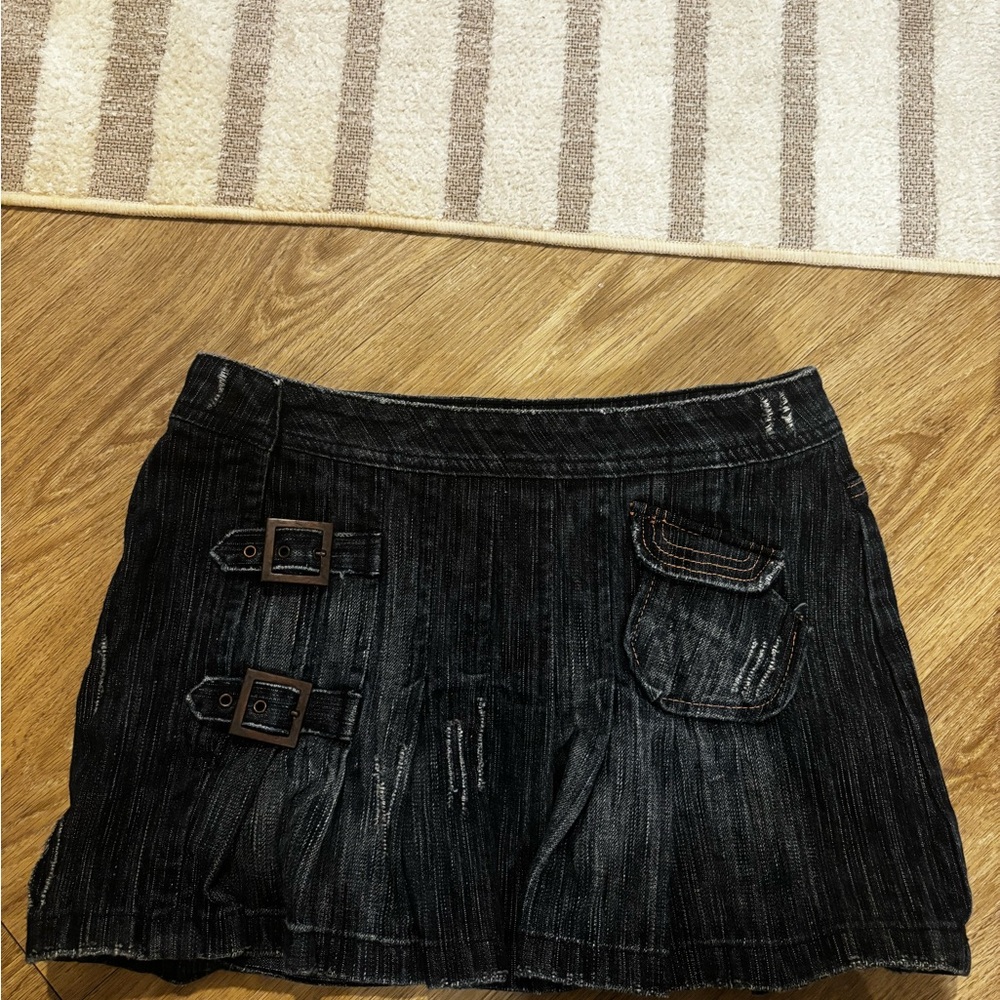 Dark Wash Denim Mini Skirt with Buckle Accents